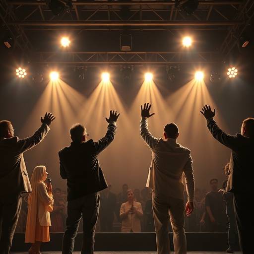 Actors bowing on stage after a successful performance.